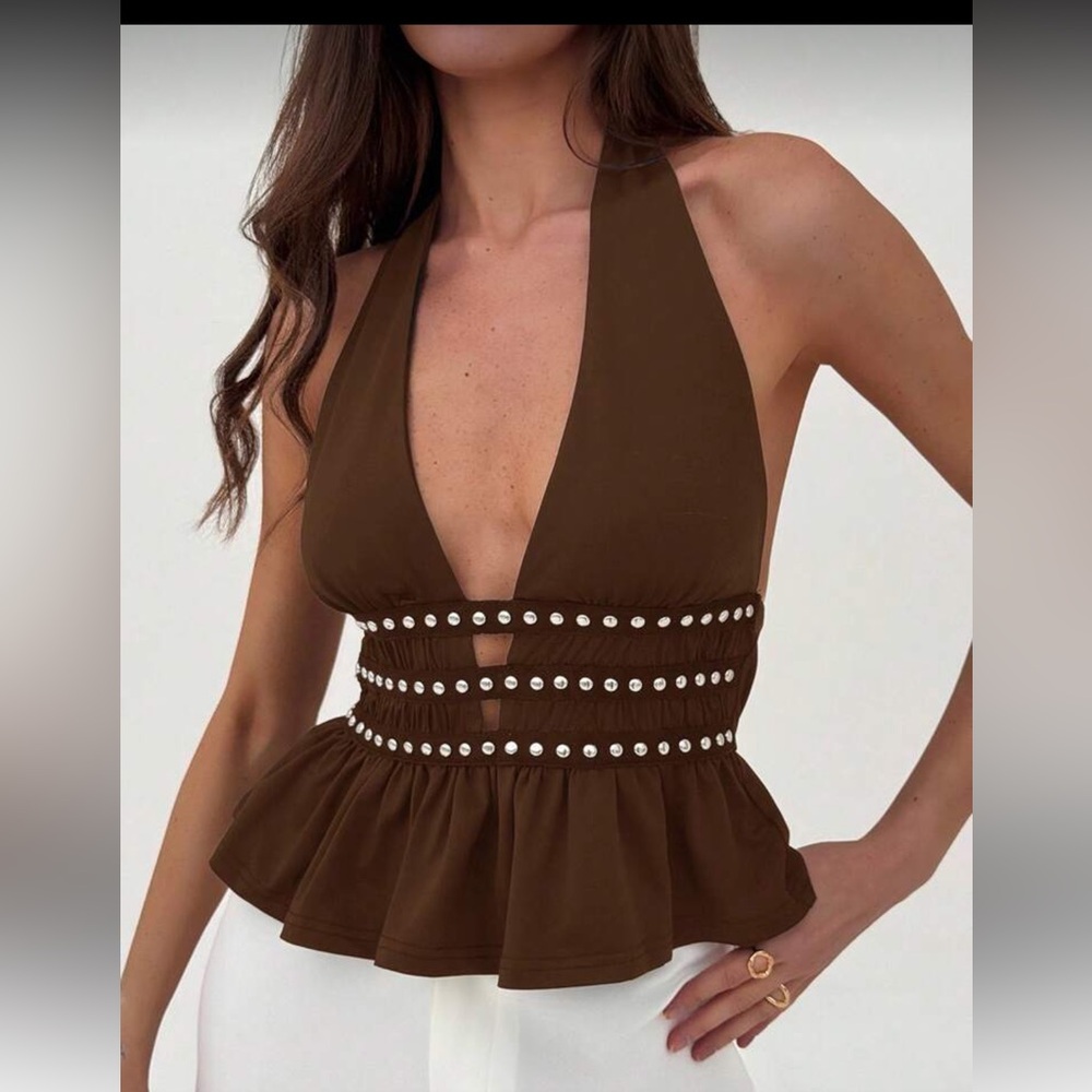 ASOS Black Studded Halter Crop Top - Picture 4 of 7